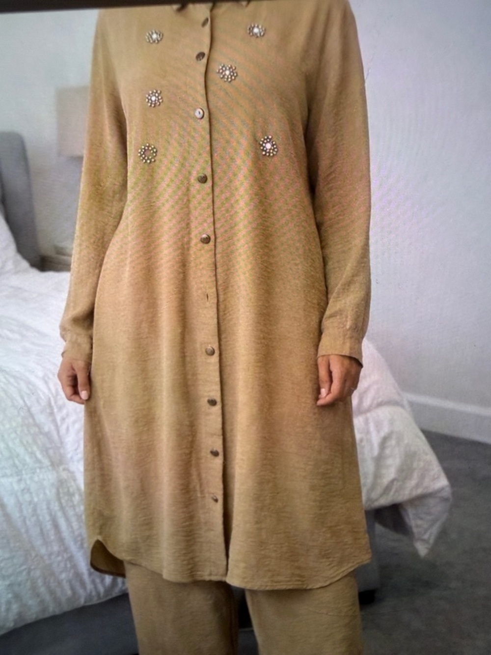 Women’s Long Tan Button-Front Dress with Decorative Accents